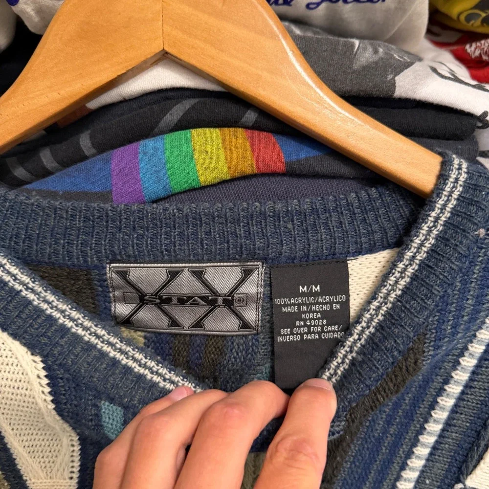 Vintage 3D Knit Sweater Mens M Blue Coogi Style Textured Crewneck Retro Pullover - Picture 3 of 6